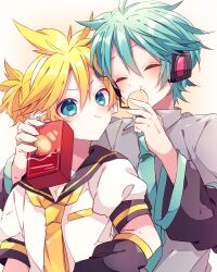 Rule 34 | 2boys, arm warmers, black sailor collar, blonde hair, blue eyes, blue hair, blue necktie, blush, box, closed eyes, closed mouth, collared shirt, commentary request, cookie, double-parted bangs, food, grey shirt, hair between eyes, hatsune mikuo, headset, highres, holding, holding box, holding cookie, holding food, kagamine len, kaho 0102, male focus, multiple boys, necktie, sailor collar, shirt, short hair, short sleeves, upper body, v-shaped eyebrows, vocaloid, white shirt, yellow necktie