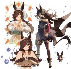 Rule 34 | 1girl, absurdres, animal ears, artist name, blue eyes, blue flower, blue rose, brown hair, brown shoes, brown thighhighs, carrot, chibi, chibi inset, clenched teeth, closed eyes, commentary, cropped torso, dress, english commentary, flower, green dress, hair over one eye, hairband, highres, holding, holding carrot, horse ears, horse girl, horse tail, long hair, multiple views, own hands clasped, own hands together, pinafore dress, purple eyes, rice shower (umamusume), rice shower (yummy dreamy fairy) (umamusume), rose, shirt, shoes, simple background, sleeveless, sleeveless dress, swept bangs, tail, teeth, thighhighs, umamusume, upper body, white background, white dress, white hairband, white shirt, ylceon