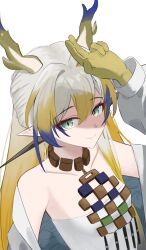 1girl absurdres arknights arm_up bare_shoulders blonde_hair brown_pupils closed_mouth collarbone colored_extremities commentary diamond-shaped_pupils diamond_(shape) eyeliner eyes_visible_through_hair green_eyes grey_hair grey_jacket grey_tube_top hair_between_eyes hair_intakes highres jacket jewelry jigaghada_(rm8542) korean_commentary long_hair long_sleeves looking_at_viewer makeup multicolored_hair necklace off_shoulder orange_eyeliner pointy_ears purple_hair shu_(arknights) simple_background smile solo strapless symbol-shaped_pupils tube_top upper_body white_background