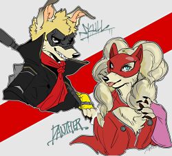 1boy 1girl animal_ears animalization axontatsu black_jacket blonde_hair bodysuit character_name claws commentary_request dog dog_ears dog_nose fingerless_gloves gloves grin highres jacket looking_at_viewer masked panther_(persona_5) persona persona_5 pink_gloves red_bodysuit sakamoto_ryuuji skull_(persona_5) smile takamaki_anne tongue tongue_out yellow_fur yellow_gloves