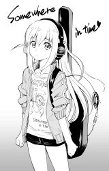1girl absurdres band_shirt bocchi_the_rock! clenched_hands crossed_bangs cube_hair_ornament english_text fqnrxj gotoh_hitori greyscale hair_between_eyes hair_ornament headphones highres instrument_case iron_maiden_(band) jacket long_hair looking_at_viewer merchandise monochrome one_side_up open_clothes open_jacket shirt short_shorts shorts sidelocks solo sony standing t-shirt track_jacket