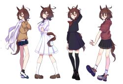 1girl agnes_tachyon_(umamusume) ahoge alternate_costume animal_ears ankle_socks arm_up bare_legs black_shirt black_shoes black_skirt black_socks black_thighhighs blue_ribbon blue_shoes bow bowtie brown_hair brown_shoes brown_sweater brown_tail coat coat_on_shoulders collared_shirt commentary_request crossed_arms grey_shoes grin hair_between_eyes hand_in_own_hair highres hood hoodie horse_ears horse_girl horse_tail kneehighs lab_coat loafers long_sleeves looking_at_viewer looking_back looking_to_the_side medium_hair medium_skirt miniskirt multicolored_shoes multiple_views neck_ribbon plaid_clothes plaid_skirt pleated_skirt red_bow red_bowtie red_hoodie ribbon school_uniform shirt shirt_tucked_in shirt_under_sweater shoe_soles shoes short_sleeves sidelocks simple_background skirt smile smug sneakers socks split_mouth sweater tail tenagaebi thighhighs two-tone_shoes umamusume uwabaki white_background white_shirt white_shoes white_skirt white_socks wide_sleeves