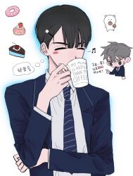 Rule 34 | 2boys, absurdres, alien stage, beamed sixteenth notes, black hair, blue jacket, blue necktie, blush stickers, c0ugh, cake, cake slice, chiikawa, chiikawa (character), chinese text, closed eyes, collared shirt, commentary, cup, diagonal-striped clothes, diagonal-striped necktie, donut, drinking, english commentary, english text, food, green eyes, hair ornament, hairclip, highres, holding, holding cup, ivan (alien stage), jacket, mug, multiple boys, musical note, necktie, pointing, shirt, short hair, single blush sticker, speech bubble, striped clothes, thought bubble, till (alien stage), translated, very short hair, white shirt