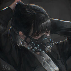 1girl absurdres arai_bokuseki black_eyes black_hair black_jacket collared_shirt gas_mask highres jacket mask original ponytail portrait shirt signature solo