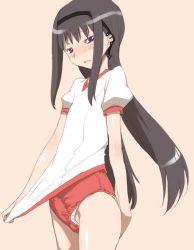 10s 1futa akemi_homura black_hair blush bulge buruma embarrassed erection erection_under_clothes futanari gym_shirt gym_uniform hairband mahou_shoujo_madoka_magica panties panties_under_buruma panty_peek penis penis_in_panties purple_eyes red_buruma shinama shirt short_sleeves solo underwear white_shirt