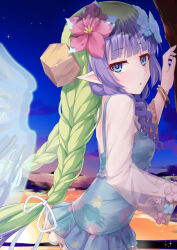 1girl ameth_(princess_connect!) ameth_(summer)_(princess_connect!) aqua_one-piece_swimsuit blue_eyes blunt_bangs bracelet braid floating_rock flower flower_on_head gold_bracelet green_hair hair_flower hair_ornament hair_ribbon hand_up hibiscus jewelry looking_at_viewer multicolored_hair night night_sky one-piece_swimsuit parted_lips pointy_ears princess_connect! purple_hair ribbon see-through_clothes see-through_sleeves sky star_(sky) starry_sky sunset swimsuit swimsuit_skirt twin_braids two-tone_hair umarutsufuri white_ribbon