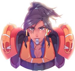Rule 34 | 1girl, armor, black hair, breasts, brown eyes, cleavage, dark-skinned female, dark skin, eye of horus, facial tattoo, hair tubes, highres, life vest, lifeguard, lifeguard pharah, lips, medium hair, mingway, mouth hold, official alternate costume, overwatch, overwatch 1, pharah (overwatch), ponytail, portrait, shoulder armor, solo, tattoo, whistle