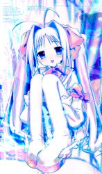 1girl 2000s_(style) :d antenna_hair bad_id bad_twitter_id boots english_text full_body hair_intakes hair_ribbon highres hugging_own_legs inactive_account knees_up long_hair long_sleeves looking_at_viewer open_mouth original pink_ribbon ribbon sitting smile solo suiso_(owp) twintails very_long_hair winged_boots