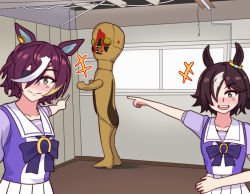 +++ 2girls abebe animal_ears blush bow bowtie brown_hair closed_mouth creature crossover eyepatch hair_over_one_eye horse_ears horse_girl horse_tail indoors looking_at_viewer meme multicolored_hair multiple_girls open_mouth outstretched_arm pointing purple_bow purple_bowtie purple_hair school_uniform scp-173 scp_foundation short_sleeves skirt smile streaked_hair tail tanino_gimlet_(umamusume) tracen_school_uniform two_soyjaks_pointing_(meme) umamusume vodka_(umamusume) white_skirt yellow_eyes