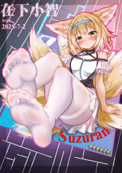 Rule 34 | 1girl, absurdres, animal ears, arknights, blonde hair, blush, feet, fox ears, fox tail, green eyes, hairband, highres, kitsune, long hair, looking at viewer, multiple tails, pantyhose, parted lips, soles, suzuran (arknights), tail, toes, white pantyhose, xiaozhi