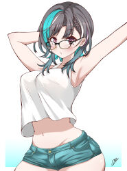 1girl aqua_hair armpits arms_up black-framed_eyewear black_hair blue_shorts blush breasts closed_mouth glasses highres hololive hololive_dev_is large_breasts looking_at_viewer mole mole_on_neck multicolored_hair navel red_eyes rindo_chihaya shirt short_hair shorts streaked_hair tokiziku virtual_youtuber white_background white_hair white_shirt