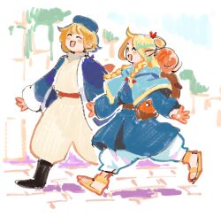 2girls :d ^_^ backpack bag belt belt_pouch beret black_shoes blonde_hair blue_capelet blue_coat blue_hat blue_robe blush_stickers boots braid brown_belt brush_stroke capelet closed_eyes coat dungeon_meshi elf falin_touden gan2 hair_ribbon hat highres hood hooded_capelet long_hair marcille_donato medium_hair multiple_girls open_mouth outstretched_arms pants pointy_ears ponytail pouch puffy_pants red_ribbon ribbon robe running sandals shirt shoes smile stone_floor twin_braids white_pants white_shirt