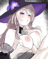 1boy 1girl :o absurdres alternate_breast_size ascot blush breasts brown_hair commentary detached_sleeves hat herta_(honkai:_star_rail) hetero highres honkai:_star_rail honkai_(series) large_breasts long_hair mini2chainz nipples paizuri penis purple_eyes the_herta_(honkai:_star_rail) uncensored very_long_hair witch_hat