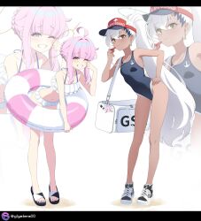 2girls :3 absurdres ahoge bag bikini blue_archive blue_one-piece_swimsuit collarbone earrings frilled_bikini frills giga-tera green_eyes grin haine_(blue_archive) hand_on_own_hip highres holding holding_whistle innertube jewelry kaya_(blue_archive) lifeguard long_hair looking_at_viewer multiple_girls one-piece_swimsuit one_eye_closed pink_hair shoulder_bag smile swim_ring swimsuit twitter_username very_long_hair visor_cap whistle white_bikini white_hair yellow_eyes