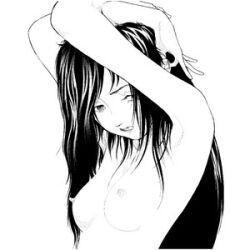 Rule 34 | 1girl, album cover, arms behind head, arms up, black hair, breasts, cover, gesture request, greyscale, hair over breasts, hair over one breast, hair over one eye, long hair, lowres, midori (band), monochrome, nipples, nude, official art, small breasts, solo, teeth, upper body, yamamoto naoki