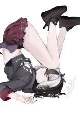 1girl absurdres black_footwear black_hair black_hoodie black_horns black_nails blue_archive bright_pupils demon_horns ear_piercing earclip gradient_hair grey_hair grey_halo hair_between_eyes halo highres hood hoodie horns kayoko_(blue_archive) long_hair long_sleeves looking_at_viewer lying multicolored_hair nail_polish navel on_back piercing plaid_clothes plaid_skirt pleated_skirt red_eyes red_skirt shirt_slip simple_background single_wing skirt solo suzukano_pon thighs two-tone_hair upside-down white_background white_hair white_pupils wings