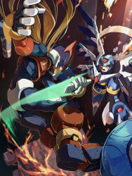 2boys armor battle blonde_hair blue_armor blue_helmet chest_jewel copy_x_(mega_man) fire forehead_jewel halo helmet highres holding holding_sword holding_weapon long_hair male_focus mechanical_wings mega_man_(series) mega_man_zero_(series) mega_man_zero_1 midair multiple_boys omochi_(mochi_skymega) red_armor red_helmet sword weapon wings z_saber zero(z)_(mega_man) zero_(mega_man)