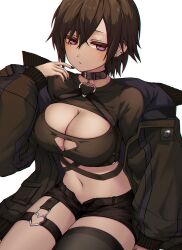 Rule 34 | 1girl, absurdres, arm at side, black choker, black hair, black jacket, black nails, black shirt, black shorts, black thighhighs, breasts, chest harness, choker, cleavage, cleavage cutout, closed mouth, clothing cutout, cowboy shot, crop top, expressionless, extreme crop top, hair between eyes, hand up, harness, heart, heart o-ring, highres, jacket, kushinaka, large breasts, legs together, long sleeves, looking at viewer, midriff, nail polish, navel, o-ring, off shoulder, open clothes, open fly, open jacket, original, puffy long sleeves, puffy sleeves, purple eyes, shirt, short hair, short shorts, shorts, sidelocks, simple background, single thighhigh, sitting, solo, stomach, thick thighs, thigh strap, thighhighs, thighs, white background