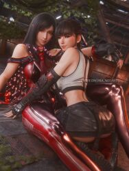 2girls 3d ass black_hair bodysuit breasts brown_eyes commentary cosplay costume_switch crop_top crossover elbow_gloves english_commentary eve_(stellar_blade) final_fantasy final_fantasy_vii final_fantasy_vii_remake fingerless_gloves gloves highres large_breasts long_hair looking_at_viewer multiple_girls patreon_username planet_diving_suit_(7th)_v3_(stellar_blade) ponytail red_bodysuit red_eyes ria_(baka-neearts) seiza sitting smile stellar_blade suspenders tank_top tifa_lockhart very_long_hair