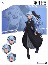 1girl animal_ears black_bow black_dress blue_hair blush bow cat_ears closed_eyes dress hair_bow highres honeycomb_(pattern) honeycomb_background kore_(kore) len_(tsukihime) long_hair long_sleeves looking_at_viewer open_mouth pointy_ears red_eyes ribbon slit_pupils solo tsukihime