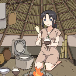 1girl absurdres anachronism bag black_hair bowl collarbone ennui_orz fire fish food grey_eyes highres holding holding_spoon indoors jewelry looking_at_viewer magatama magatama_necklace necklace on_floor open_mouth original ponytail rice rice_cooker scarf seiza senbei sidelocks sitting solo spoon toga