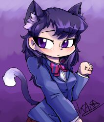1girl 2023 animal_ears black_hair blazer blue_jacket blush bow bowtie breasts cat_ears cat_girl cat_tail closed_mouth commentary diagonal-striped_bow diagonal-striped_bowtie diagonal-striped_clothes english_commentary itan_private_high_school_uniform jacket kemonomimi_mode komi-san_wa_komyushou_desu komi_shouko long_hair looking_at_viewer matthewpopsicle medium_breasts purple_background purple_eyes red_skirt school_uniform shirt signature skirt solo standing striped_clothes swept_bangs tail upper_body white_shirt