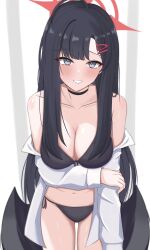 1girl absurdres angel_wings bare_shoulders bikini black_bikini black_choker black_hair black_wings blue_archive breasts choker grey_eyes halo highres ichika_(blue_archive) large_breasts long_hair navel red_halo shirt solo swimsuit thighs white_shirt wings woodhxx