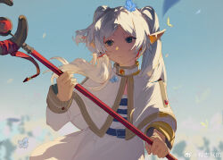 1girl absurdres belt belt_buckle black_belt buckle capelet chinese_commentary closed_mouth commentary_request day dress earrings elf frieren green_eyes high_collar highres holding holding_staff jewelry long_hair long_sleeves looking_to_the_side outdoors parted_bangs pointy_ears sketch smile solo sousou_no_frieren staff sunlight watermark weibo_watermark white_capelet white_dress white_hair you_zhiqi_de