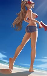 1boy 1girl absurdres ass barefoot beach bikini blonde_hair feet foot_worship highres licking_foot long_hair looking_back megaphone micro_shorts mimuxiao open_mouth ponytail red_eyes saliva shorts soles steam swimsuit toes visor_cap