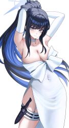absurdres blue_archive blue_halo choker colored_inner_hair dress elbow_gloves gimdongu1 gloves halo highres knife_sheath multicolored_hair official_alternate_costume saori_(blue_archive) saori_(dress)_(blue_archive) sheath strapless strapless_dress thigh_sheath white_choker white_dress white_gloves