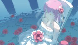 1girl absurdres alternate_costume bare_shoulders blue_background bouquet chair closed_eyes collarbone dress elbow_gloves expressionless fang_wenshan flower gloves hair_flower hair_ornament heart heart_hair_ornament highres holding holding_bouquet jewelry komeiji_satori medium_hair necklace on_chair pink_hair red_flower red_rose ripples rose solo touhou water wedding_dress white_dress white_gloves