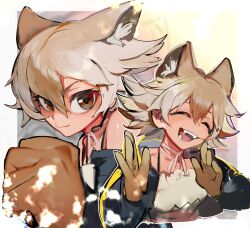 1girl animal_ears black_jacket brown_eyes brown_gloves brown_hair camisole coyote_(kemono_friends) extra_ears gloves highres jacket kemono_friends kemono_friends_v_project litev looking_at_viewer microphone short_hair simple_background upper_body virtual_youtuber white_camisole wolf_ears wolf_girl