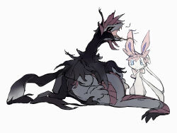 absurdres black_fur black_sclera black_wings blue_eyes blue_skin bow bright_pupils claws colored_sclera colored_skin fangs forked_tongue gen_5_pokemon gen_6_pokemon highres hydreigon keroreud large_ears multiple_heads nintendo no_humans pink_bow pokemon pokemon_(creature) pokemon_focus purple_scales ribbon simple_background sketch sleepy sylveon tongue white_background white_fur white_pupils white_ribbon wings yawning