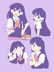 1girl :d apple banana blush candy closed_mouth collared_shirt commentary_request cropped_torso double-parted_bangs elbow_carry facing_viewer finger_to_cheek flying_sweatdrops food fruit hair_behind_ear hair_between_eyes highres holding holding_candy holding_food long_hair looking_at_viewer looking_down looking_to_the_side mari_(headspace)_(omori) mari_(omori) multiple_views neckerchief nn_w_ky omori open_mouth orange_neckerchief picnic_basket purple_background purple_eyes purple_hair purple_sweater_vest purple_theme red_skirt shirt short_sleeves simple_background skirt smile sparkle sweater_vest teeth three_quarter_profile upper_teeth_only waving white_shirt wrapped_candy
