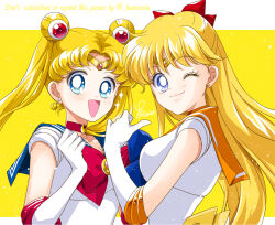 2girls :d ;) aino_minako bishoujo_senshi_sailor_moon blonde_hair blue_bow blue_bowtie blue_eyes blue_sailor_collar bow bowtie breasts choker circlet closed_mouth collarbone crescent crescent_earrings double_bun earrings elbow_gloves floating_hair gloves hair_bow hair_bun jewelry long_hair looking_at_viewer medium_breasts multiple_girls one_eye_closed open_mouth orange_choker orange_sailor_collar red_bow red_bowtie red_choker sailor_collar sailor_moon sailor_senshi_uniform sailor_shirt sailor_venus sarashina_kau shirt smile tsukino_usagi twintails upper_body very_long_hair watermark white_gloves white_shirt yellow_background