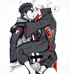 Rule 34 | 2boys, akatsuki (naruto), akatsuki uniform, alternate universe, black hair, gloves, grey hair, hatake kakashi, male focus, mi lu zaosheng, mole, mole under mouth, multiple boys, musical note, naruto (series), naruto shippuuden, scar, scar on face, sitting, sitting on lap, sitting on person, spiked hair, spoken musical note, sweatdrop, uchiha obito, yaoi