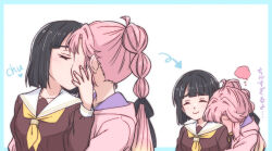 2girls ^_^ anyoji_hime arrow_(symbol) black_hair black_ribbon blunt_bangs blunt_ends blunt_sidelocks brown_dress check_commentary closed_eyes closed_mouth commentary_request donpa dress flustered hair_intakes hair_ribbon hasu_no_sora_school_uniform head_on_another&#039;s_shoulder head_steam highres hood hooded_jacket jacket kiss link!_like!_love_live! long_hair long_sleeves love_live! momose_ginko multi-tied_hair multiple_girls neckerchief open_clothes open_jacket pink_hair pink_jacket ponytail ribbon sailor_collar sailor_dress school_uniform sequential short_hair sidelocks simple_background smile split_mouth translation_request virtual_youtuber white_background white_sailor_collar winter_uniform yellow_neckerchief yuri