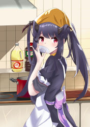 1girl absurdres apron back_bow blue_archive blush bottle bow cooking cooking_oil demon_horns dot_nose dress fuuka_(blue_archive) highres holding holding_plate horns housei_fenoru kitchen pink_eyes plate purple_bow purple_dress purple_hair solo stove twintails white_apron