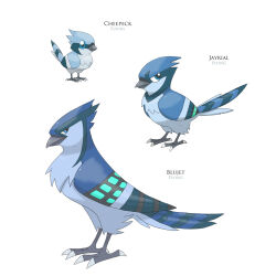 beak bird blue_eyes character_name english_text evolutionary_line fakemon full_body highres joshua_dunlop joshuadunlop nintendo no_humans pokemon simple_background white_background