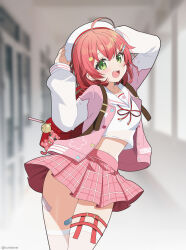 Rule 34 | 1girl, absurdres, ahoge, arms up, backpack, bag, bag charm, bandaid, bandaid hair ornament, bandaid on leg, bandaid on thigh, beret, blurry, blurry background, cat hair ornament, charm (object), commentary, dot nose, green eyes, hair ornament, hat, highres, hololive, indoors, jacket, kurot, letterman jacket, light blush, long sleeves, looking at viewer, medium hair, midriff peek, miniskirt, neck ribbon, official alternate costume, open mouth, pink hair, pink jacket, pink skirt, plaid clothes, plaid skirt, pleated skirt, red bag, red ribbon, ribbon, sailor collar, sakura miko, sakura miko (school uniform), school uniform, shirt, skirt, smile, solo, teeth, thigh strap, thighhighs, twitter username, upper teeth only, virtual youtuber, white hat, white sailor collar, white shirt, white sleeves, white thighhighs