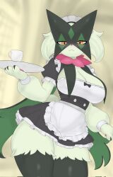 1girl apron black_bow black_dress black_fur body_fur bow bowtie breasts claws cleavage contrapposto cowboy_shot cup dress frilled_apron frilled_sleeves frills furry furry_female green_hair highres holding holding_tray large_breasts layered_sleeves long_hair long_sleeves looking_at_viewer low_ponytail maid maid_headdress mask meowscarada microdress nintendo pink_bow pink_bowtie pokemon pokemon_(creature) pokemon_sv ponytail puffy_short_sleeves puffy_sleeves red_bow shay_the_one short_over_long_sleeves short_sleeves solo tail thick_thighs thighs tray two-tone_dress two-tone_fur very_long_hair waist_apron white_apron white_dress white_hair