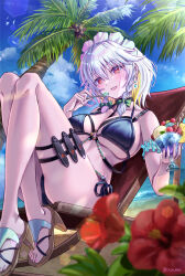 1girl absurdres arm_garter bare_legs bare_shoulders beach bikini bird black_bikini black_choker blue_sky blush bow braid breasts choker cloud cloudy_sky collarbone day earrings eyelashes flower food fruit gradient_eyes green_bow grey_hair hair_between_eyes halterneck hibiscus high_heel_sandals highres holding holding_spoon izayoi_sakuya jewelry knees_up knife large_breasts leaf legs lens_flare lips looking_at_viewer maid micro_bikini multicolored_eyes o-ring o-ring_bikini o-ring_top orange_eyes outdoors palm_tree parted_lips pink_nails red_eyes red_flower rouge_(my_rouge) sand sandals side-tie_bikini_bottom sidelocks sitting sky smile solo spoon strawberry string_bikini swimsuit thigh_strap thighs toenails toes touhou tree twin_braids twitter_username underboob water