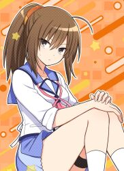 1girl :/ ahoge angel_beats! blue_skirt brown_eyes brown_hair closed_mouth eyes_visible_through_hair feet_out_of_frame frown hair_between_eyes hands_on_own_knees hashtag-only_commentary high_ponytail highres hisako_(angel_beats!) kneehighs knees_up long_hair long_sleeves looking_at_viewer miniskirt nakamura_hinato neckerchief orange_background outline pink_neckerchief pleated_skirt polka_dot ponytail shinda_sekai_sensen_uniform shirt sidelocks simple_background sitting skirt sleeves_rolled_up socks solo sweatdrop thigh_strap thighs v-shaped_eyebrows white_outline white_shirt white_socks