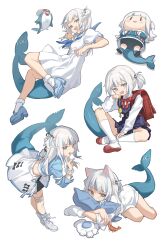1girl absurdres alternate_costume animal_ears backpack bag bandaid bandaid_on_knee bandaid_on_leg bloop_(gawr_gura) blue_dress blue_shirt blue_tail borrowed_hairstyle cat_ears commentary cosplay dress ebi-chan_(gawr_gura) fins fish_tail gawr_gura highres hololive hololive_english hololive_idol_uniform_(origin) hugging_object kneehighs long_hair looking_at_viewer midori_fufu miniskirt multiple_views neck_ribbon official_alternate_costume pillow pillow_hug red_ribbon ribbon shark_girl shark_tail sharp_teeth shigure_ui_(vtuber) shigure_ui_(vtuber)_(cosplay) shirt shoes short_dress short_hair shukusei!!_loli-kami_requiem simple_background sitting skirt smol_gura socks standing tail teeth two_side_up virtual_youtuber white_background white_dress white_shirt white_shoes white_skirt white_socks