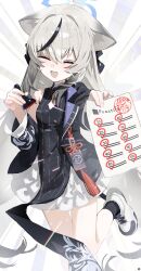 1girl ^_^ absurdres animal_ears black_dress black_socks black_streaks blue_archive blue_halo blush china_dress chinese_clothes closed_eyes commentary_request diamond_cutout dress grey_hair halo highres holding holding_paper ink_stamp kokona_(blue_archive) long_hair looking_at_viewer open_mouth paper pelvic_curtain shoes skirt smile socks solo songchuan_li striped_clothes striped_dress thighs tiger_ears tiger_girl vertical-striped_clothes vertical-striped_dress white_shoes white_skirt
