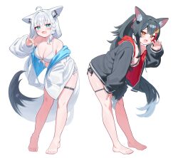 Rule 34 | 1girl, 2girls, :3, :d, ahoge, animal ear fluff, animal ear piercing, animal ears, aqua eyes, barefoot, bent over, bikini, black choker, black hair, black jacket, blue jacket, braid, breasts, choker, claw pose, cleavage, commentary request, crossed bangs, double-parted bangs, fox ears, fox girl, fox shadow puppet, fox tail, front-tie bikini top, front-tie top, full body, hair between eyes, hair ornament, hairclip, halterneck, hand in pocket, hand up, highres, hololive, hood, hooded jacket, jacket, leaf print, leaning forward, long hair, looking at viewer, low ponytail, medium breasts, multicolored hair, multiple girls, official alternate costume, official alternate hairstyle, ookami mio, ookami mio (hololive summer 2019), open clothes, open jacket, open mouth, pentagram, ponytail, print bikini, red hair, shirakami fubuki, side-tie bikini bottom, side braid, sidelocks, simple background, single braid, smile, spiked hair, streaked hair, swimsuit, symmetrical pose, tail, tail around own leg, thigh strap, two-sided fabric, two-sided jacket, verdey, very long hair, virtual youtuber, white background, white bikini, white hair, white jacket, wolf ears, wolf girl, wolf tail, yellow eyes