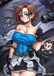 1girl artist_name black_gloves blue_eyes blue_tube_top blush breasts brown_hair chris_redfield clothes_around_waist cuffs dakimakura_(medium) fingerless_gloves gloves handcuffs highres jill_valentine karosu_maker lying on_back resident_evil resident_evil_3:_nemesis short_hair smile strapless stuffed_toy sweater sweater_around_waist tube_top weapon