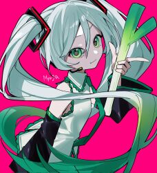 Rule 34 | 1girl, aqua hair, black sleeves, closed mouth, detached sleeves, green eyes, hatsune miku, highres, long hair, myuga66666, pink background, shirt, sleeveless, sleeveless shirt, smile, solo, twintails, upper body, very long hair, vocaloid