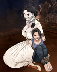 Rule 34 | 2girls, absurdres, alcina dimitrescu, arms behind back, bdsm, black flower, black hair, blue eyes, bondage, bound, bound ankles, bound arms, breasts, brown eyes, brown hair, capcom, cleavage, cleave gag, cloth gag, earrings, flower, gag, gagged, highres, improvised gag, jewelry, jill valentine, large breasts, looking at viewer, lost one zero, makeup, multiple girls, nail polish, necklace, resident evil, resident evil 2, resident evil 3: nemesis, resident evil village, shoes, toenail polish, toenails, unworn shoes, yellow eyes