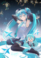 1girl absurdres ahoge aqua_eyes aqua_hair aqua_nails aqua_necktie armpits arms_up black_skirt black_thighhighs detached_sleeves grey_shirt hair_between_eyes hair_ornament hatsune_miku highres long_hair long_sleeves looking_at_viewer necktie negai_(48282230) shirt skirt sleeveless sleeveless_shirt solo stuffed_toy thighhighs twintails very_long_hair vocaloid white_shirt wide_sleeves